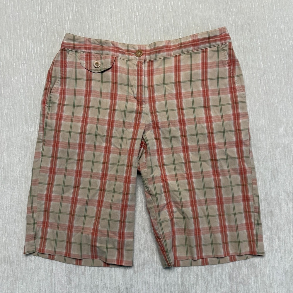 IZOD Red Tartan Plaid Bermuda Shorts Womens 6 Khaki Cotton Stretch Mid Rise